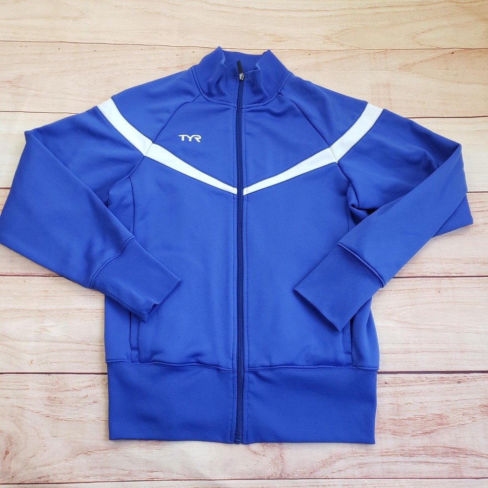 TYR Track Jacket Mens Medium Blue White Full Zip Polyester Athletic Training